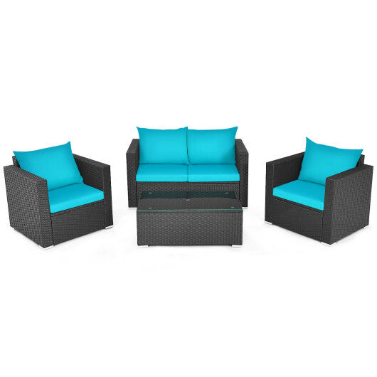 4Pcs Patio Rattan Cushioned Furniture Set-Turquoise - Color: Turquoise