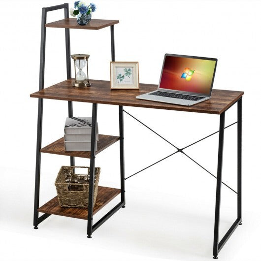 Computer Desk with Shelves and 3-Tier Storage Bookshelf-Brown - Color: Brown