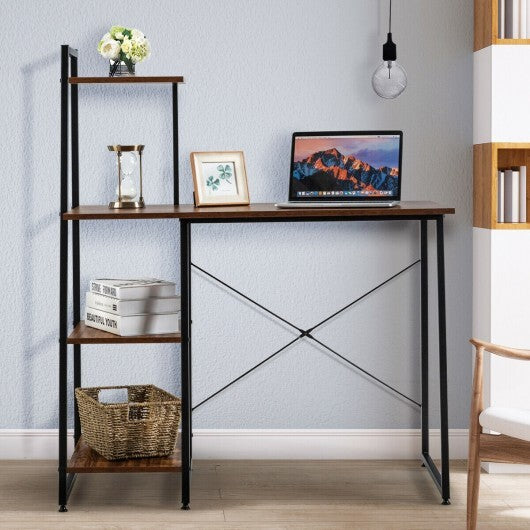 Computer Desk with Shelves and 3-Tier Storage Bookshelf-Brown - Color: Brown