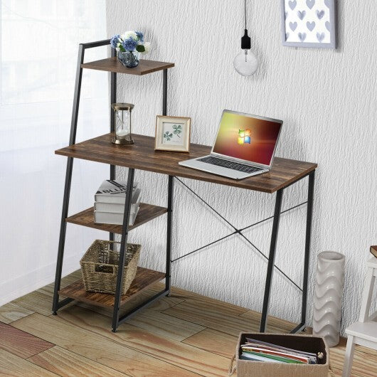 Computer Desk with Shelves and 3-Tier Storage Bookshelf-Brown - Color: Brown