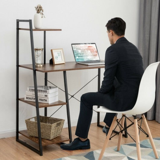 Computer Desk with Shelves and 3-Tier Storage Bookshelf-Brown - Color: Brown