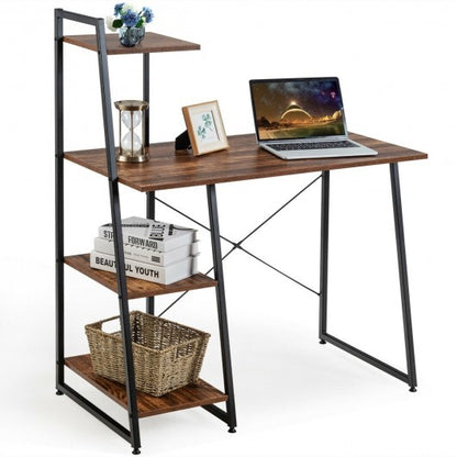 Computer Desk with Shelves and 3-Tier Storage Bookshelf-Brown - Color: Brown