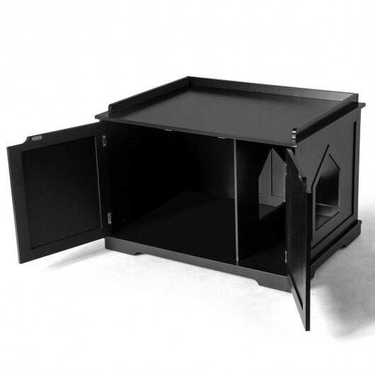 Cat Litter Box Enclosure with Double Doors for Large Cat and Kitty-Black - Color: Black