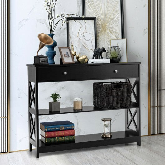 3-Tier Console Table with Drawers for Living Room Entryway-Black - Color: Black