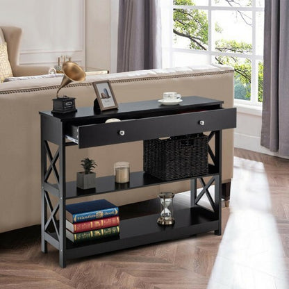 3-Tier Console Table with Drawers for Living Room Entryway-Black - Color: Black