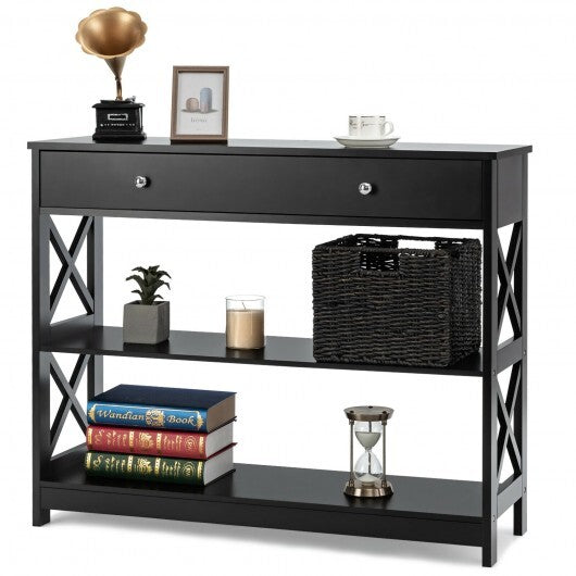 3-Tier Console Table with Drawers for Living Room Entryway-Black - Color: Black