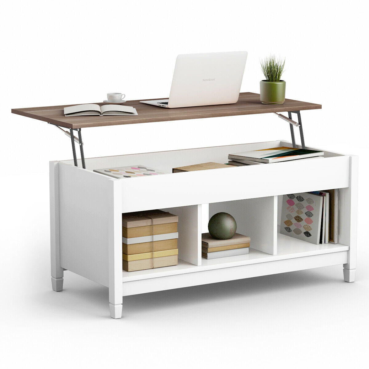 Coffee Table with Hidden Storage Compartment-White - Color: White