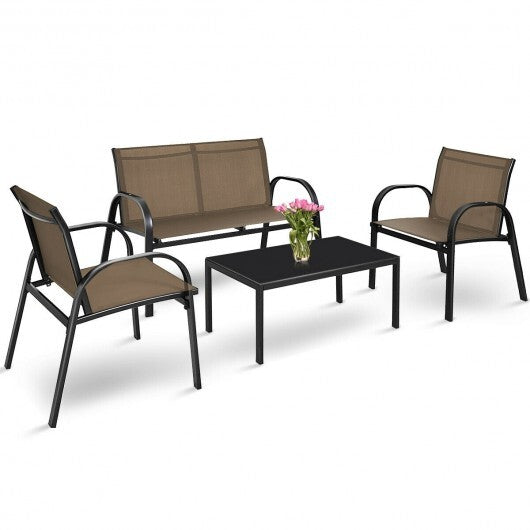 4 Pieces Patio Furniture Set with Glass Top Coffee Table-Brown - Color: Brown