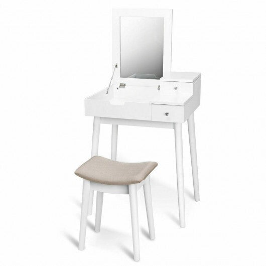 Vanity Dressing Table Set Flip Mirror Desk Furniture Stool - Color: White