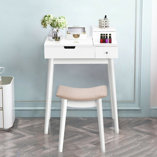 Vanity Dressing Table Set Flip Mirror Desk Furniture Stool - Color: White