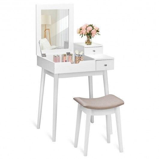 Vanity Dressing Table Set Flip Mirror Desk Furniture Stool - Color: White