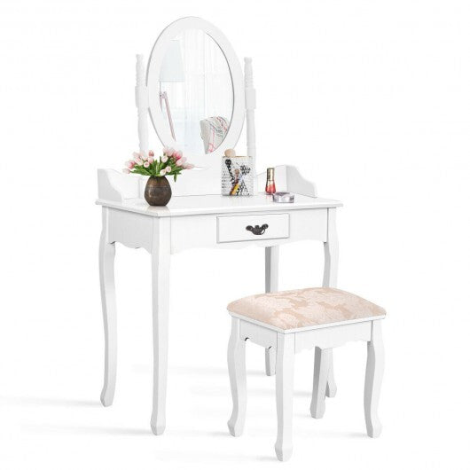 Wooden Vanity Makeup Set with Cushioned Stool and Oval Rotating Mirror - Color: White