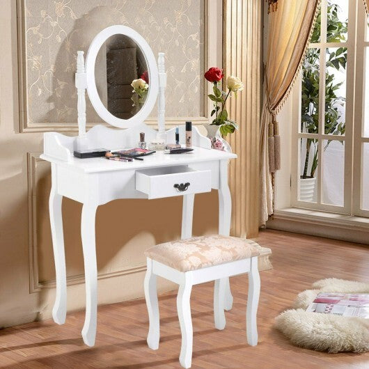 Wooden Vanity Makeup Set with Cushioned Stool and Oval Rotating Mirror - Color: White