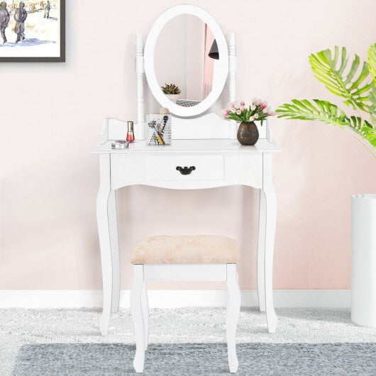 Wooden Vanity Makeup Set with Cushioned Stool and Oval Rotating Mirror - Color: White