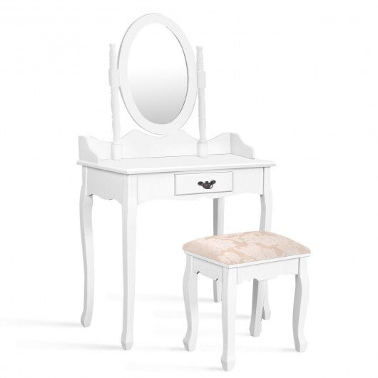 Wooden Vanity Makeup Set with Cushioned Stool and Oval Rotating Mirror - Color: White