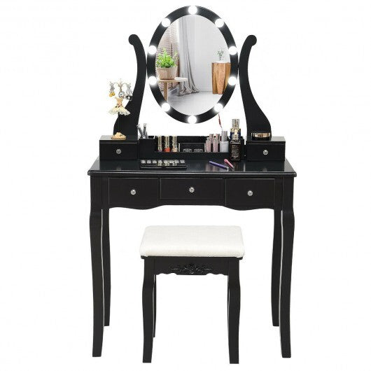 10 Dimmable Lights Vanity Table Set with Lighted Mirror and Cushioned Stool-Black - Color: Black