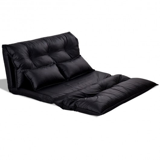 Foldable PU Leather Leisure Floor Sofa Bed with 2 Pillows-Black - Color: Black