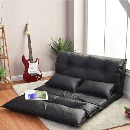 Foldable PU Leather Leisure Floor Sofa Bed with 2 Pillows-Black - Color: Black