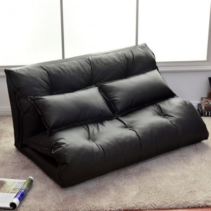 Foldable PU Leather Leisure Floor Sofa Bed with 2 Pillows-Black - Color: Black