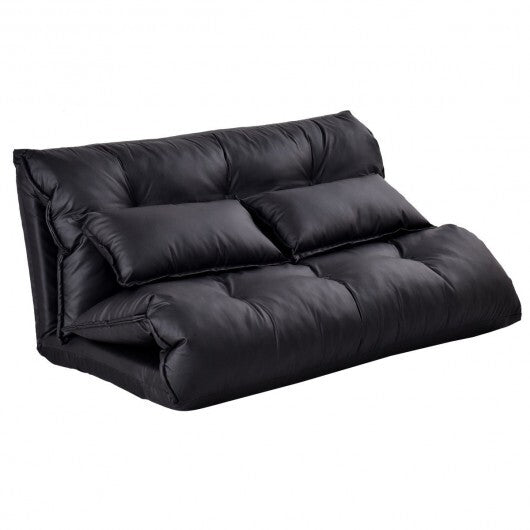 Foldable PU Leather Leisure Floor Sofa Bed with 2 Pillows-Black - Color: Black