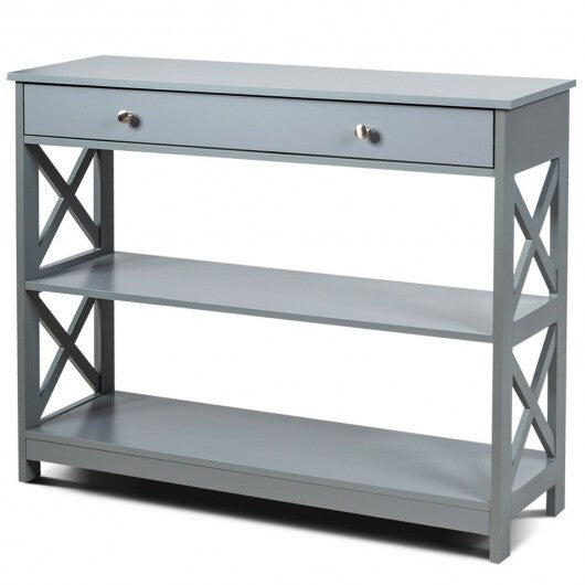 Console Table 3-Tier with Drawer and Storage Shelves-Gray - Color: Gray