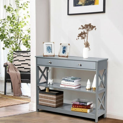 Console Table 3-Tier with Drawer and Storage Shelves-Gray - Color: Gray