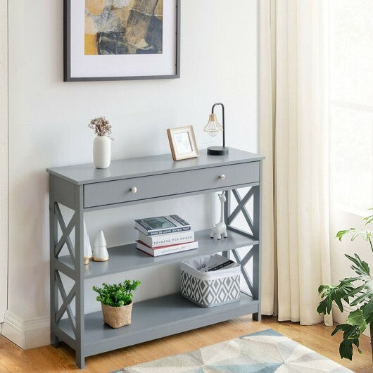 Console Table 3-Tier with Drawer and Storage Shelves-Gray - Color: Gray