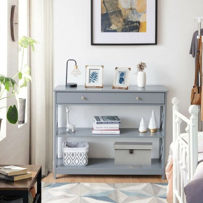 Console Table 3-Tier with Drawer and Storage Shelves-Gray - Color: Gray