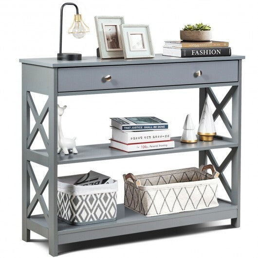 Console Table 3-Tier with Drawer and Storage Shelves-Gray - Color: Gray