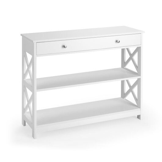 Console Table 3-Tier with Drawer and Storage Shelves-White - Color: White