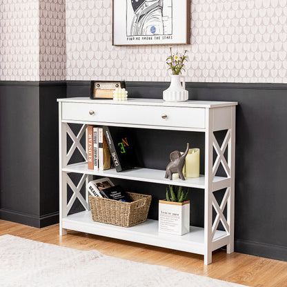 Console Table 3-Tier with Drawer and Storage Shelves-White - Color: White