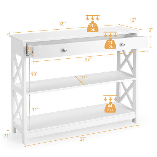 Console Table 3-Tier with Drawer and Storage Shelves-White - Color: White