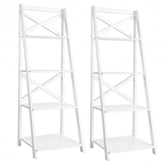 2 Pieces 4-Tier Wood Display Storage Bookshelf Set-White - Color: White