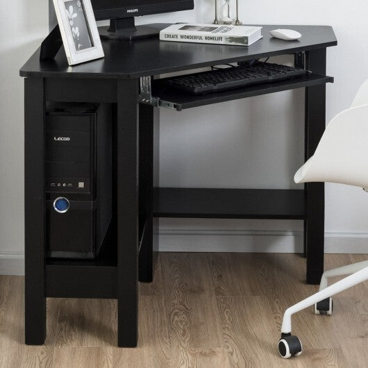 Wooden Study Computer Corner Desk with Drawer-Black - Color: Black