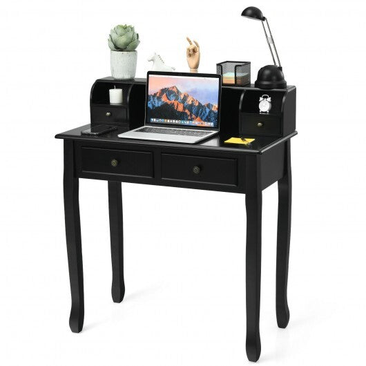 Writing Desk 2-Tier Vanity Desk Computer Desk with 4 Drawers-Black - Color: Black