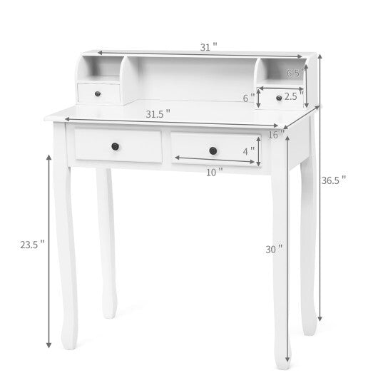 Writing Desk 2-Tier Vanity Desk Computer Desk with 4 Drawers-White - Color: White