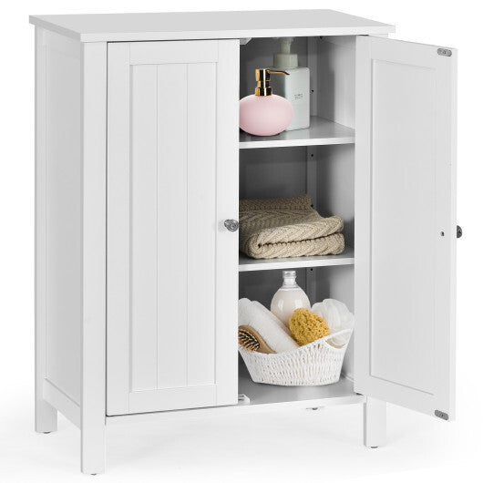 2-Door Bathroom Floor Storage Cabinet with Adjustable Shelf - Color: White