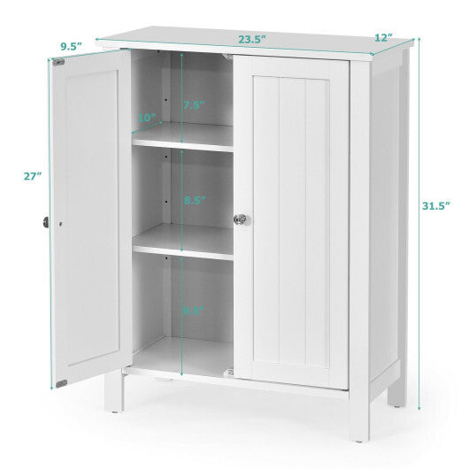 2-Door Bathroom Floor Storage Cabinet with Adjustable Shelf - Color: White