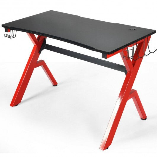 Ergonomic Gaming Desk with Carbon Fiber Surface and R-Shape Steel Frame - Color: Black & Red