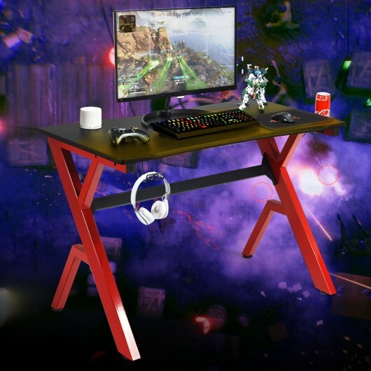 Ergonomic Gaming Desk with Carbon Fiber Surface and R-Shape Steel Frame - Color: Black & Red