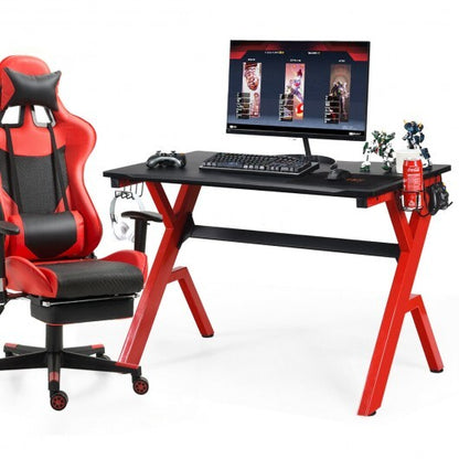 Ergonomic Gaming Desk with Carbon Fiber Surface and R-Shape Steel Frame - Color: Black & Red