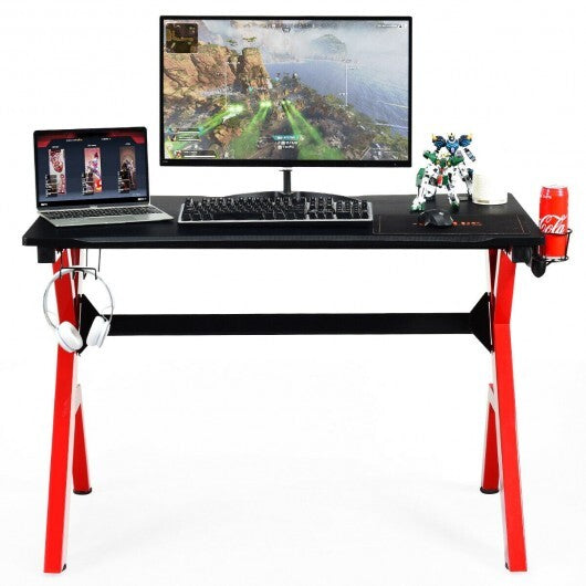 Ergonomic Gaming Desk with Carbon Fiber Surface and R-Shape Steel Frame - Color: Black & Red