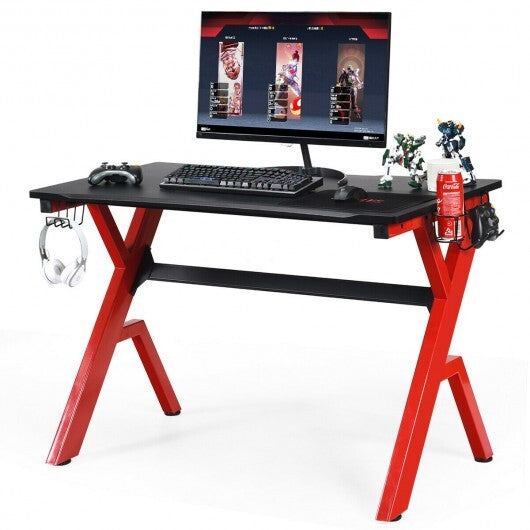 Ergonomic Gaming Desk with Carbon Fiber Surface and R-Shape Steel Frame - Color: Black & Red