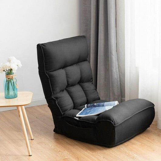 4-Position Adjustable Floor Chair Folding Lazy Sofa-Black - Color: Black