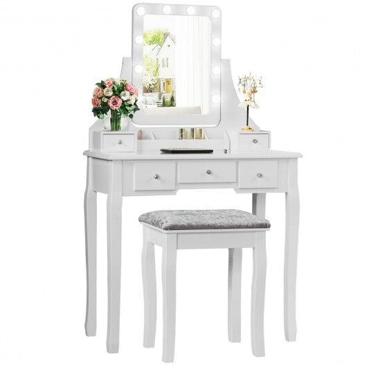 Vanity Dressing Table Set with 10 Dimmable Bulbs and Cushioned Stool-White - Color: White