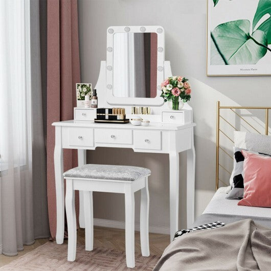 Vanity Dressing Table Set with 10 Dimmable Bulbs and Cushioned Stool-White - Color: White