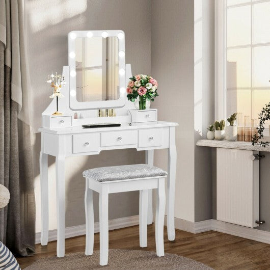 Vanity Dressing Table Set with 10 Dimmable Bulbs and Cushioned Stool-White - Color: White