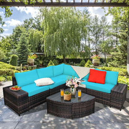 6 Piece Wicker Patio Sectional Sofa Set with Tempered Glass Coffee Table-Turquoise - Color: Turquoise