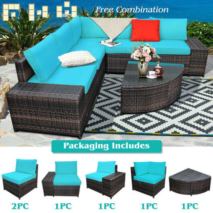 6 Piece Wicker Patio Sectional Sofa Set with Tempered Glass Coffee Table-Turquoise - Color: Turquoise