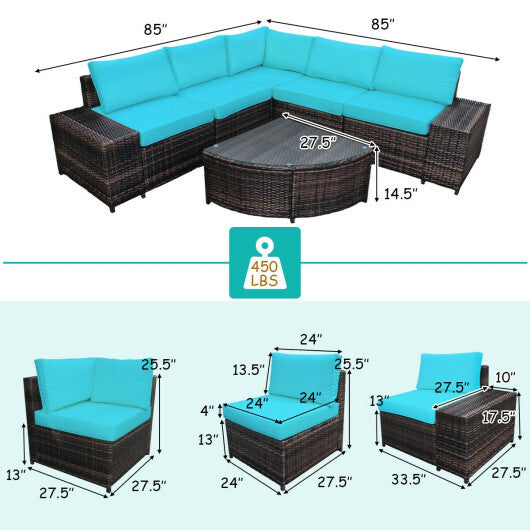 6 Piece Wicker Patio Sectional Sofa Set with Tempered Glass Coffee Table-Turquoise - Color: Turquoise